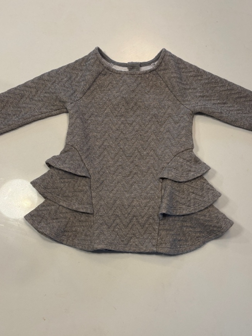Girl’s Long-Sleeve Metallic Gray Layered-Ruffle Dress/Tunic